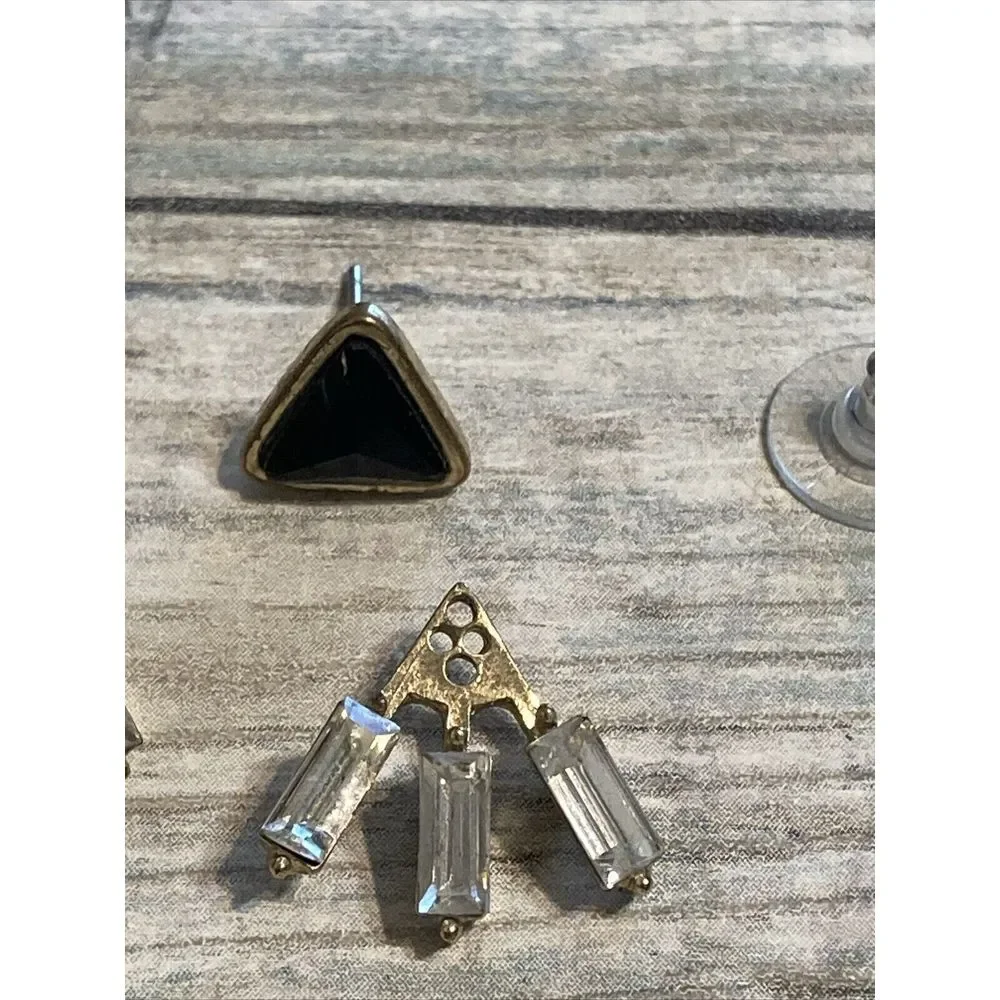Black Gold Tone 3 pcs EARRINGS‎ Posts Triangle Rhinestones Costume Jewelry